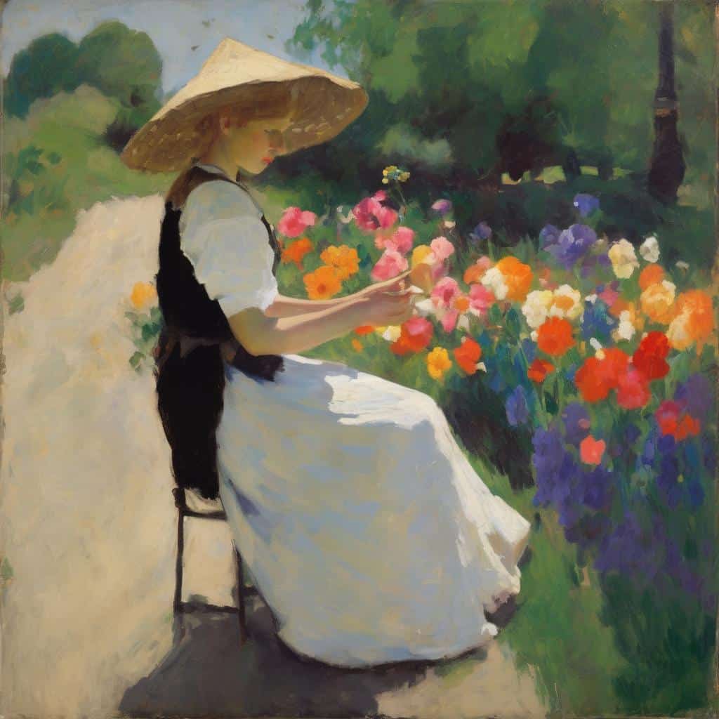 Ρομαντική βόλτα σε κήπο με πολύχρωμα λουλούδια και γυναίκα με καπέλο, παραδοσιακός και μοντερνισμός.