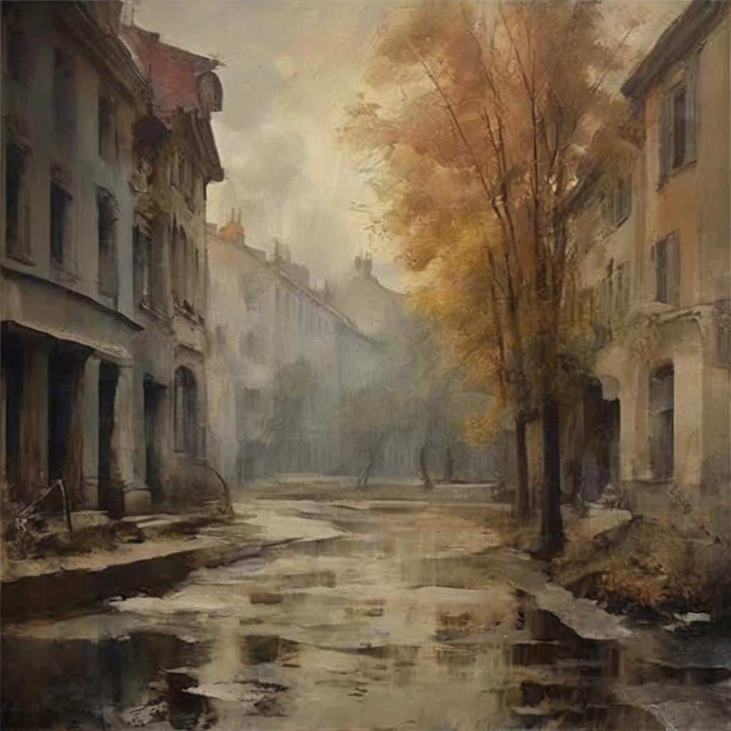 Οδός με νερό και δέντρα, μονογραμμικό αστικό τοπίο, τέχνη του μοντερνισμού, κοινωνική διάσταση στην τέχνη.