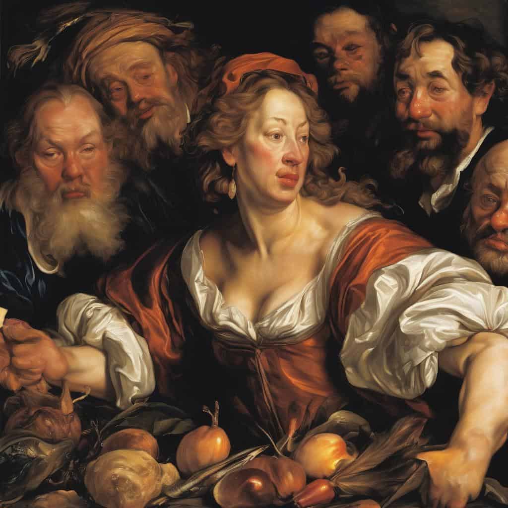 Αλτε κείμενο: Έργο τέχνης με κοινωνική διάσταση του Μοντερνισμού, νεαρή γυναίκα και φιγούρες ανδρών.