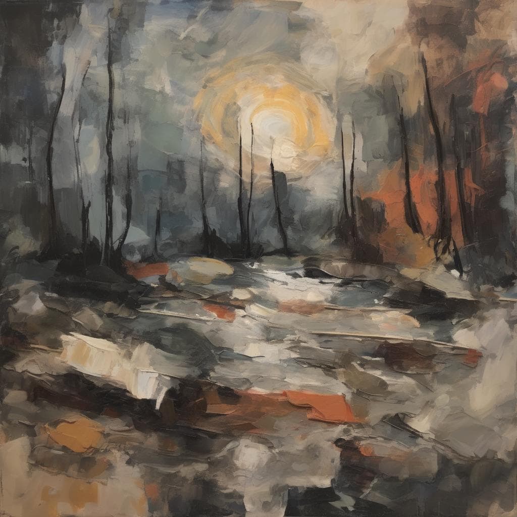 Οδυσσός πίνακας με ηλιοβασίλεμα σε αφηρημένο στυλ και σκούρα χρώματα, εκφράζοντας την κοινωνική διάσταση του μοντερνισμού.